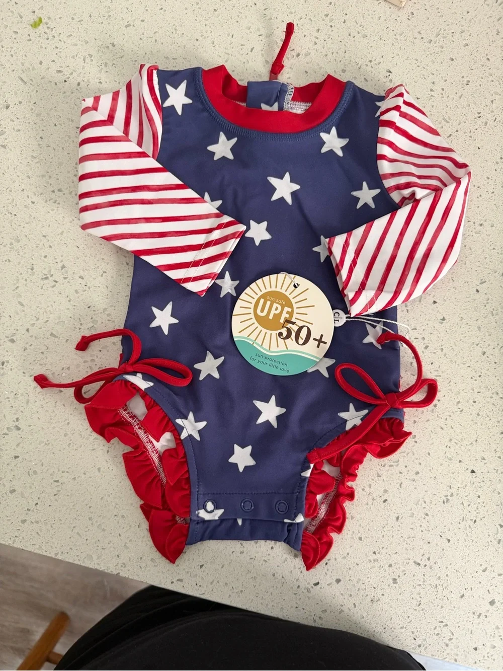 Caden Lane Navy, White & Red Star Stripe Baby Swimsuit